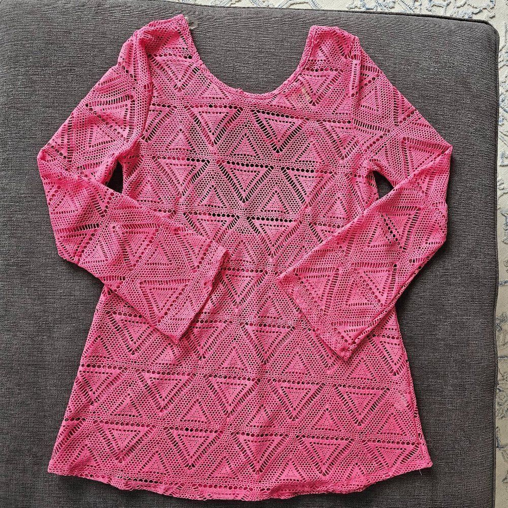 Lagaci Women's Pink Lace Back Tie Long Sleeve Crochet Cover Up Size Medium
